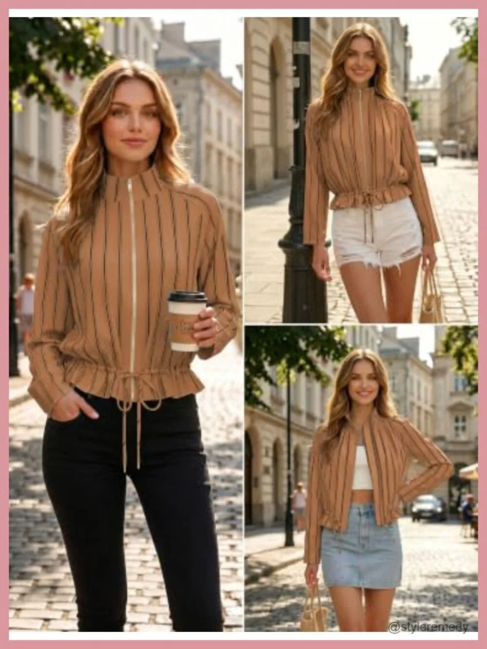 Womens Cropped Zip Up Jacket Striped Casual Lightweight Polyester
